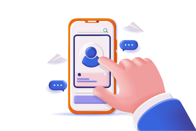 Mano interactuando con app móvil de comunicación escolar, ilustrando selección de usuario y mensajes en pantalla