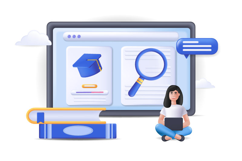 Pantalla con íconos educativos y lupa, acompañada de alumna usando laptop, simbolizando consulta de información académica en línea
