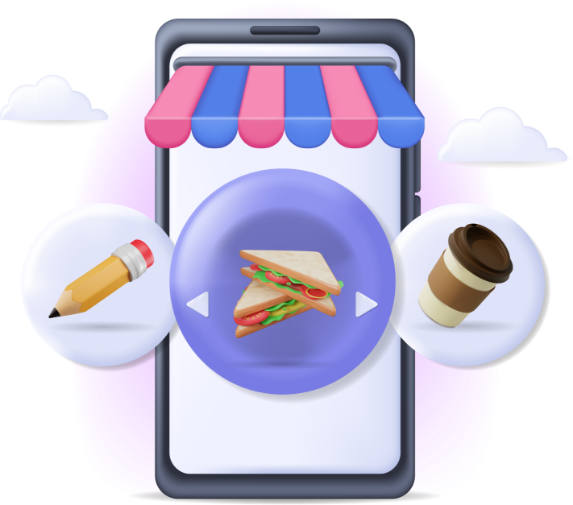 Aplicación móvil para la gestión de centros de consumo escolares con íconos de lápiz, sándwich y café