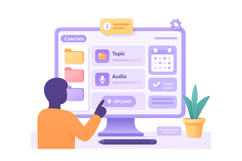 Docente estructurando clases digitales en la plataforma LMS de Komplit, con temas, recursos multimedia y calendario de actividades