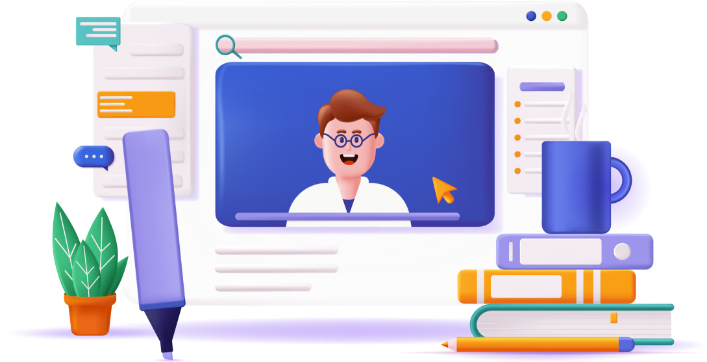 Pantalla con video de profesor explicando, acompañada de elementos escolares como libros, taza y planta, representando clases virtuales