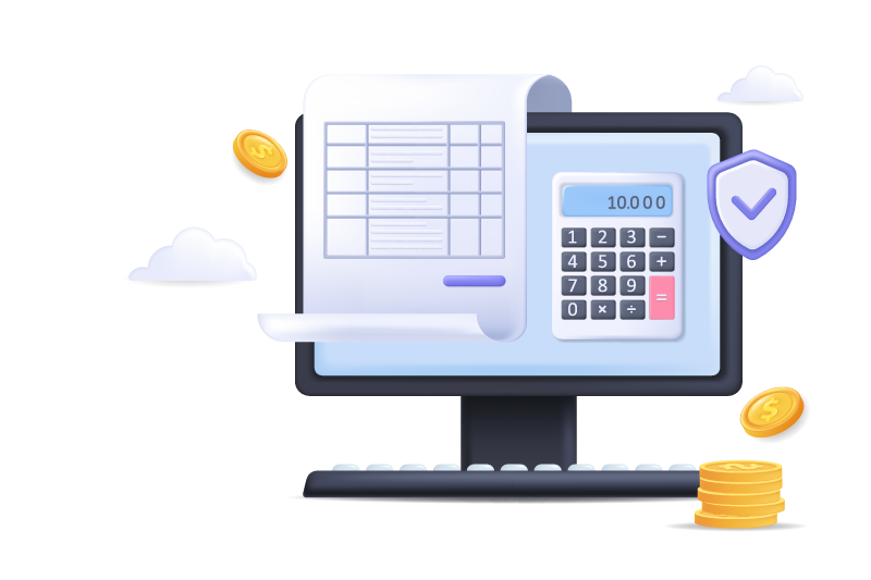 Computadora con factura impresa y calculadora digital, ilustrando complementos de facturación escolar
