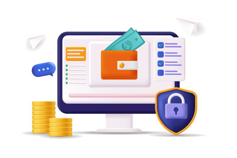 Pantalla con cartera, dinero y escudo de seguridad representando sistema de compras seguras