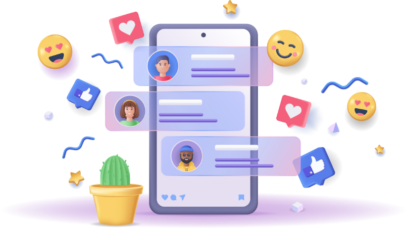 Teléfono con interfaz de mensajes entre alumnos, rodeado de íconos de reacciones y notificaciones, representando comunicación escolar digital