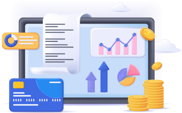 Pantalla con recibo, tarjeta, monedas y gráficas representando control de egresos escolares