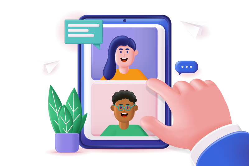 Dos personas conversando en videollamada desde una tablet, representando el seguimiento de prospectos en el embudo de ventas