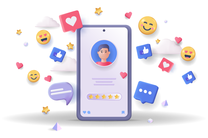 Perfil de estudiante en un smartphone con calificación de estrellas, emojis y reacciones sociales flotando a su alrededor