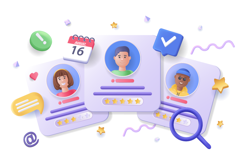 Perfiles de estudiantes con valoraciones, calendario y elementos gráficos, simbolizando la gestión de expedientes académicos