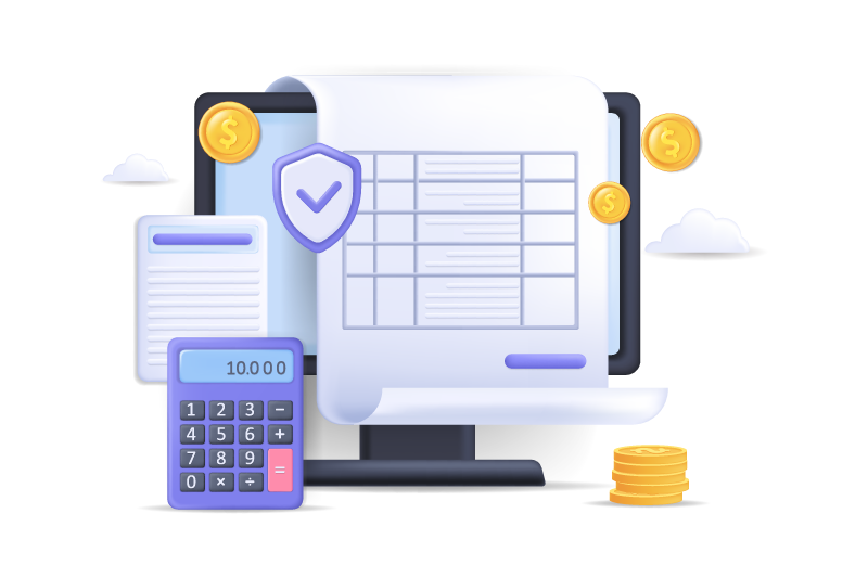 Pantalla de computadora con factura impresa, calculadora y monedas ilustrando el proceso de facturación electrónica escolar
