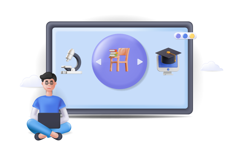 Estudiante con laptop frente a una pantalla con imágenes de microscopio, pupitre y birrete, representando activos escolares