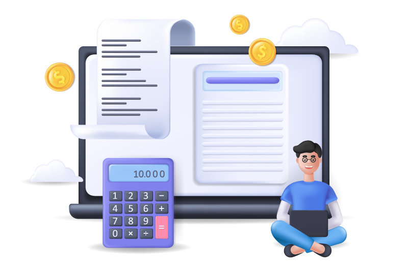 Ilustración de laptop con recibo, calculadora y monedas doradas, junto a un personaje con laptop, representando el control de nómina digital
