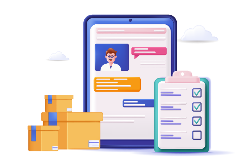 Tablet con perfil de proveedor, cajas de entrega y lista de verificación representando gestión de proveedores