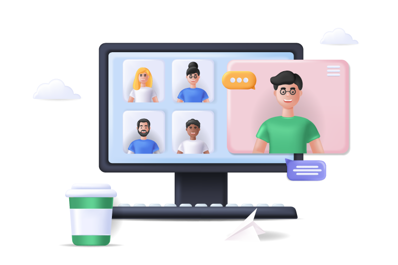 Ilustración de videollamada en computadora con cinco participantes, representando la gestión de recursos humanos y comunicación interna