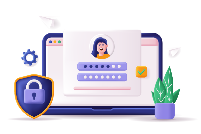 Pantalla de inicio de sesión con escudo de seguridad, formulario de usuario y elementos de verificación en laptop