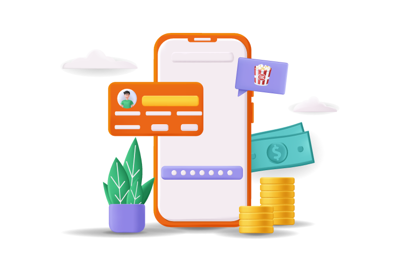 Interfaz de monedero digital escolar en un celular con credencial, monedas y billetes, junto a ícono de consumo