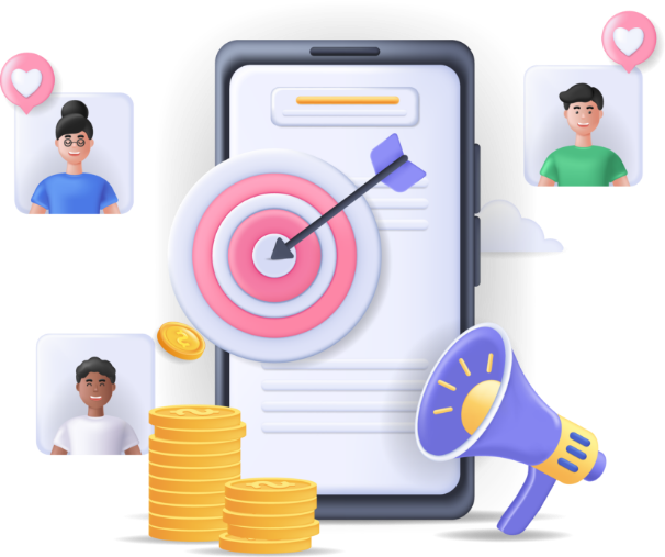 Ilustración de un celular con una diana, monedas y megáfono, rodeado de personas, representando la gestión y asignación de nómina en instituciones educativas