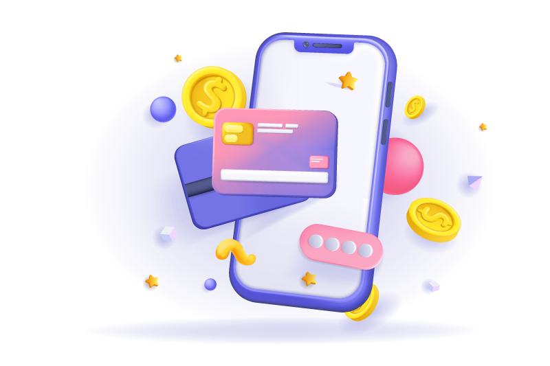 Tarjetas de crédito flotando frente a un smartphone, ilustrando pagos digitales con monedas alrededor y fondo morado