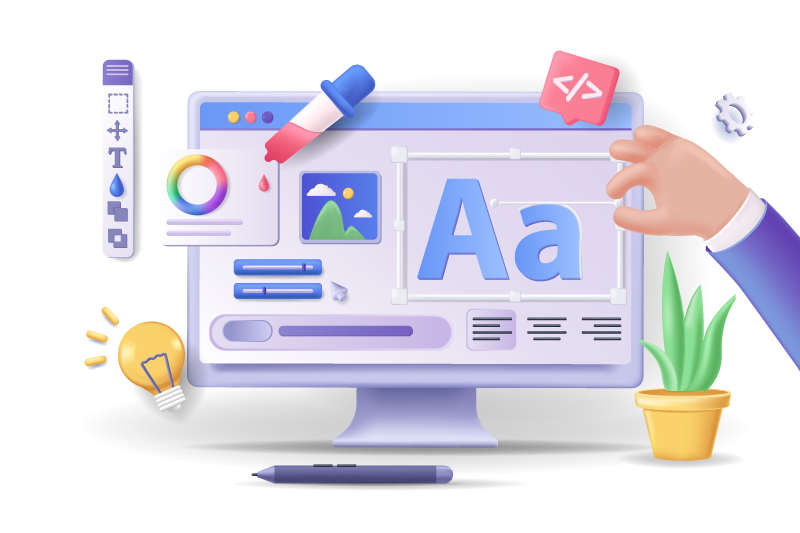Pantalla de computadora con herramientas de diseño, tipografías y edición visual, simbolizando personalización de plataforma escolar