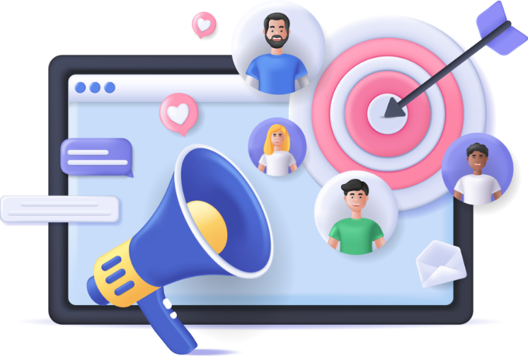 Estrategia de prospección con megáfono y mensajes dirigidos a personas, representando campañas de marketing digital segmentadas en Komplit