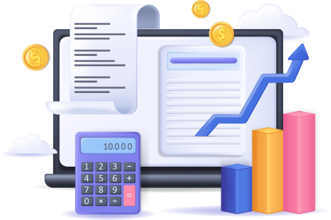 Gráfica de barras, calculadora y recibo frente a una computadora que representa un reporte financiero escolar digital