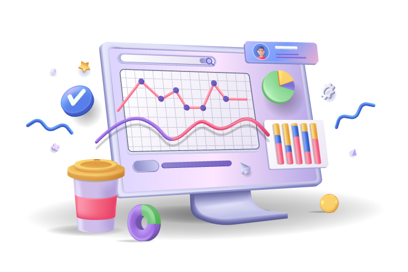 Monitor con gráficos de barras, líneas y pastel representando reportes analíticos en software educativo