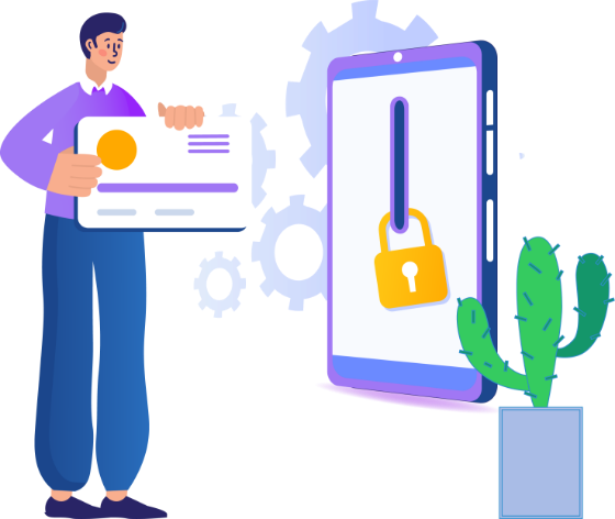 Ilustración de acceso seguro a plataforma educativa Komplit con tarjeta de identificación y candado digital