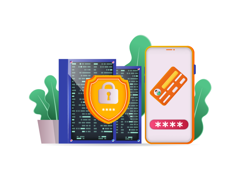 Ilustración de seguridad digital con servidores, escudo de protección e integración de credenciales en smartphone