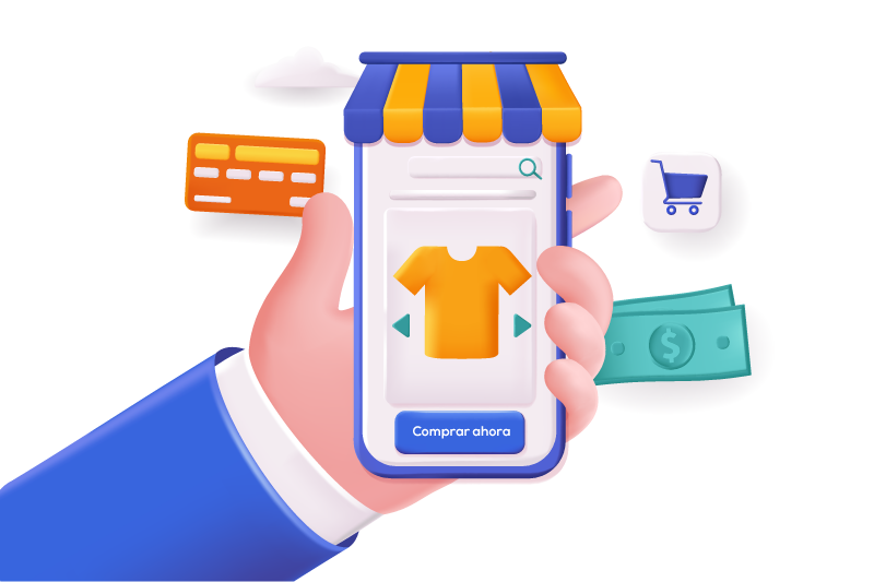 Mano sosteniendo un celular con interfaz de tienda en línea mostrando una camiseta, botones de compra y métodos de pago escolares